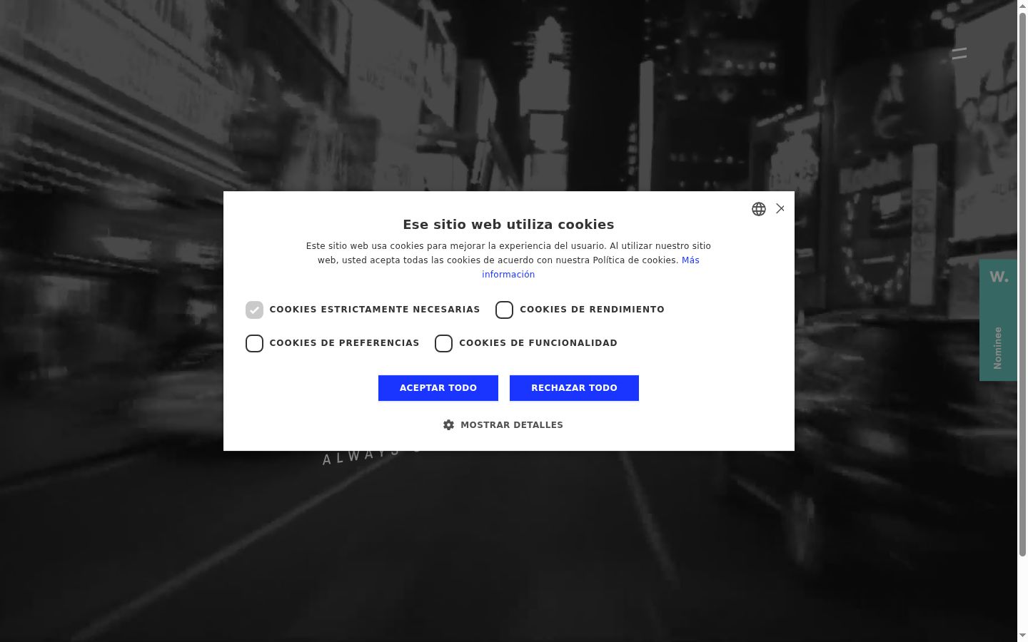 Captura de ecrã do banner de consentimento apresentado antes de qualquer interação