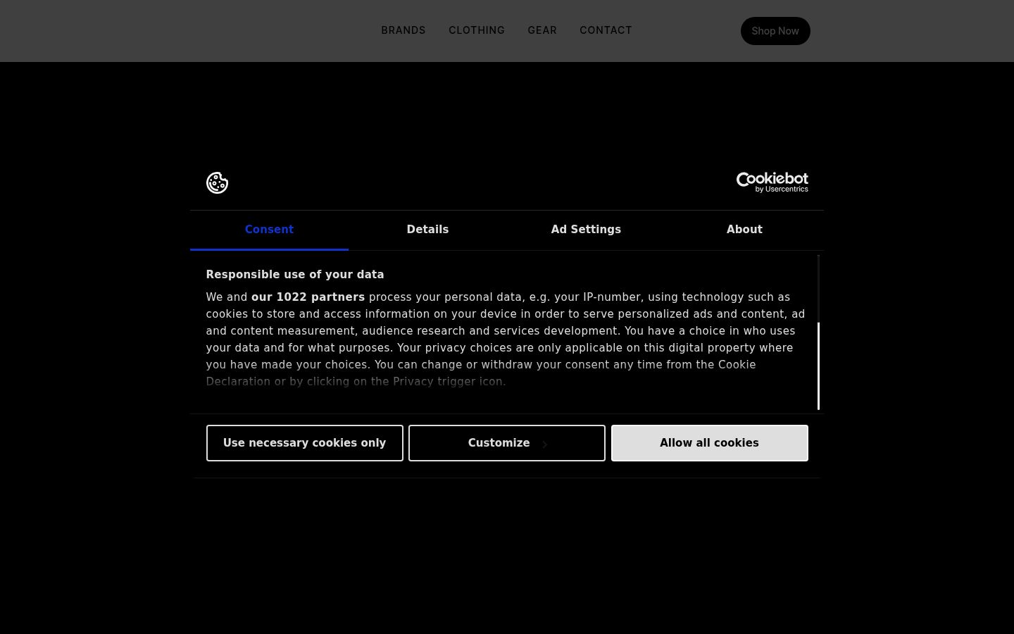 Captura de ecrã do banner de consentimento apresentado antes de qualquer interação