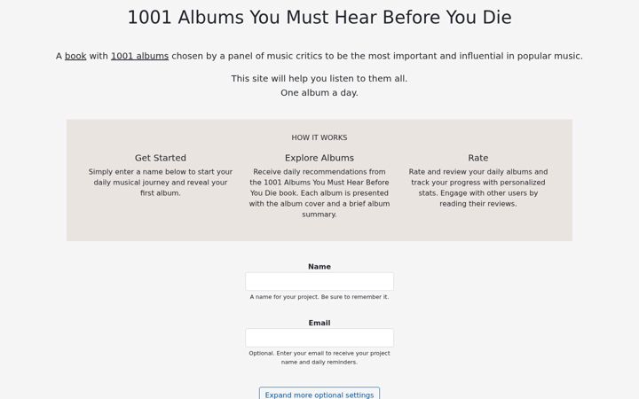 Screenshot of 1001albumsgenerator.com