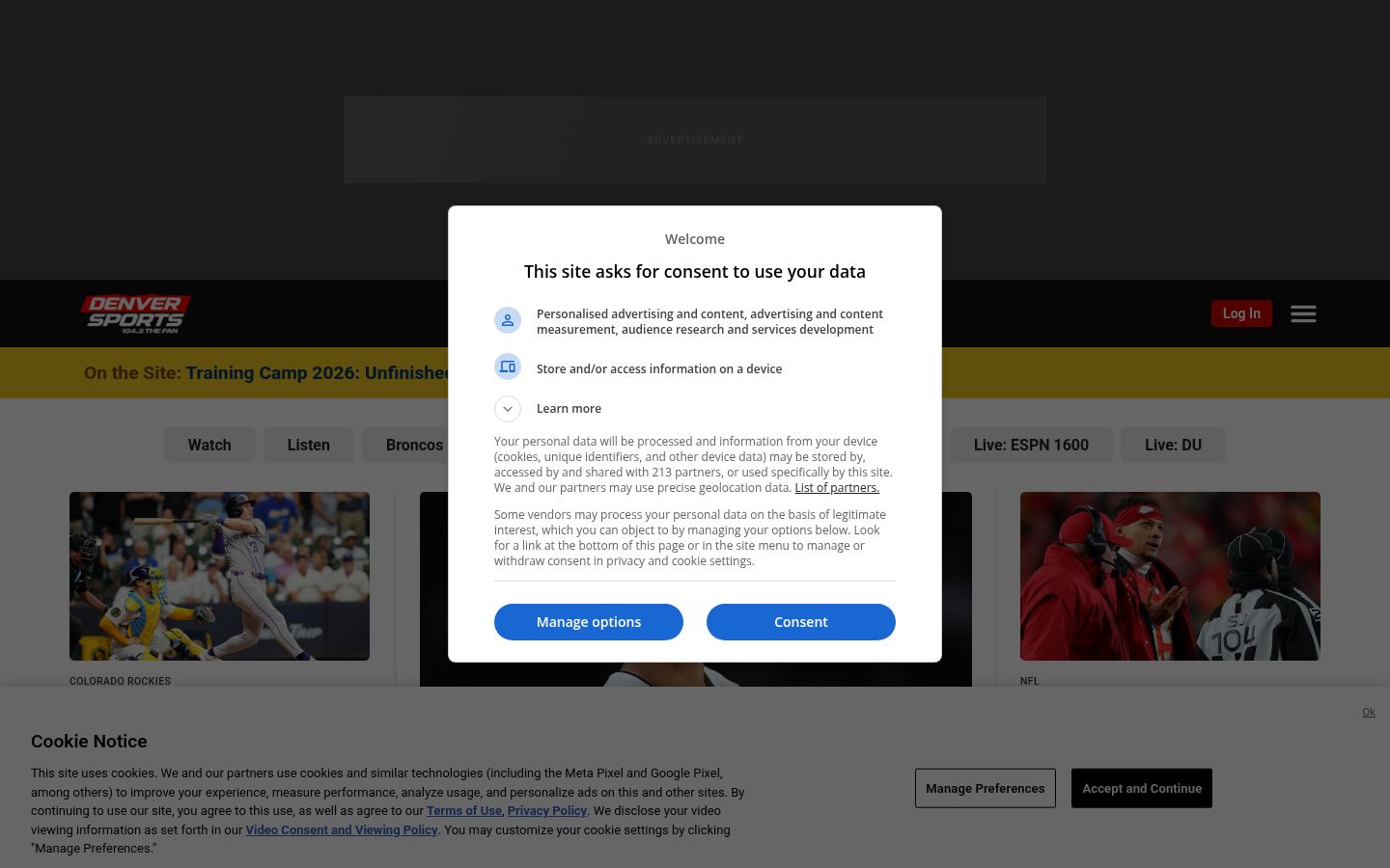 Screenshot van de toestemmingsbanner zoals getoond vóór enige interactie