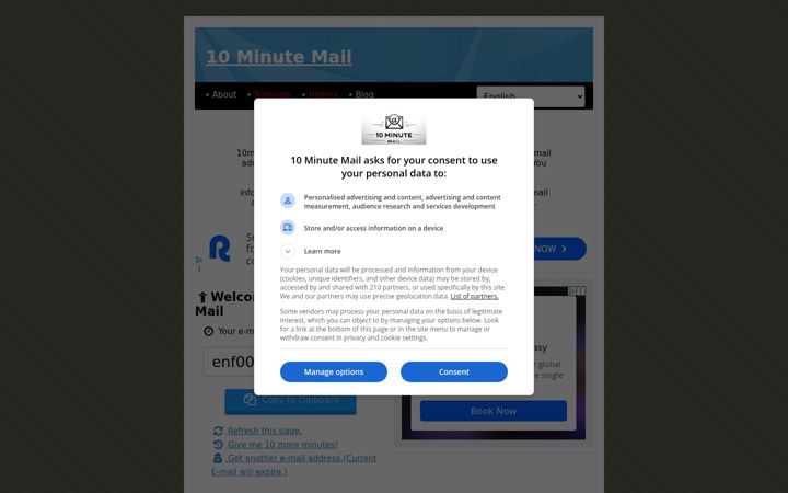 Screenshot of 10minutemail.net