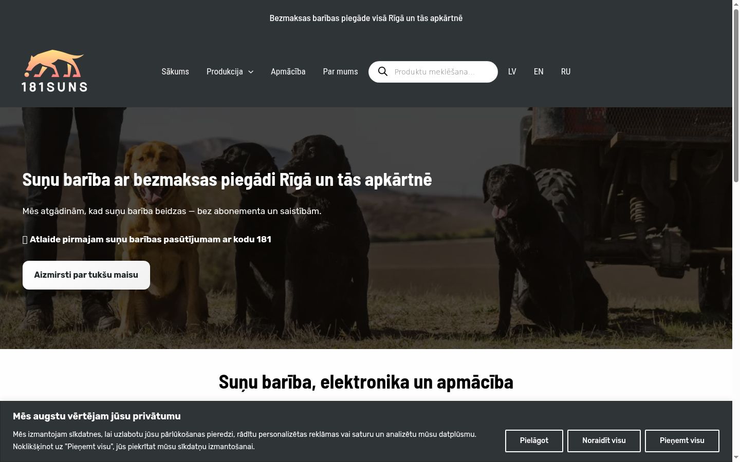 Ekrānuzņēmums ar piekrišanas baneri, kas tika rādīts pirms jebkādas mijiedarbības