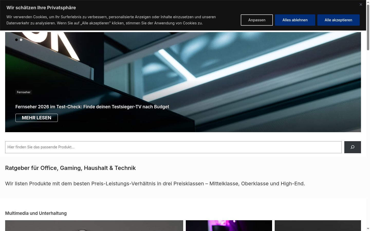 Captura de pantalla del banner de consentimiento mostrado antes de cualquier interacción