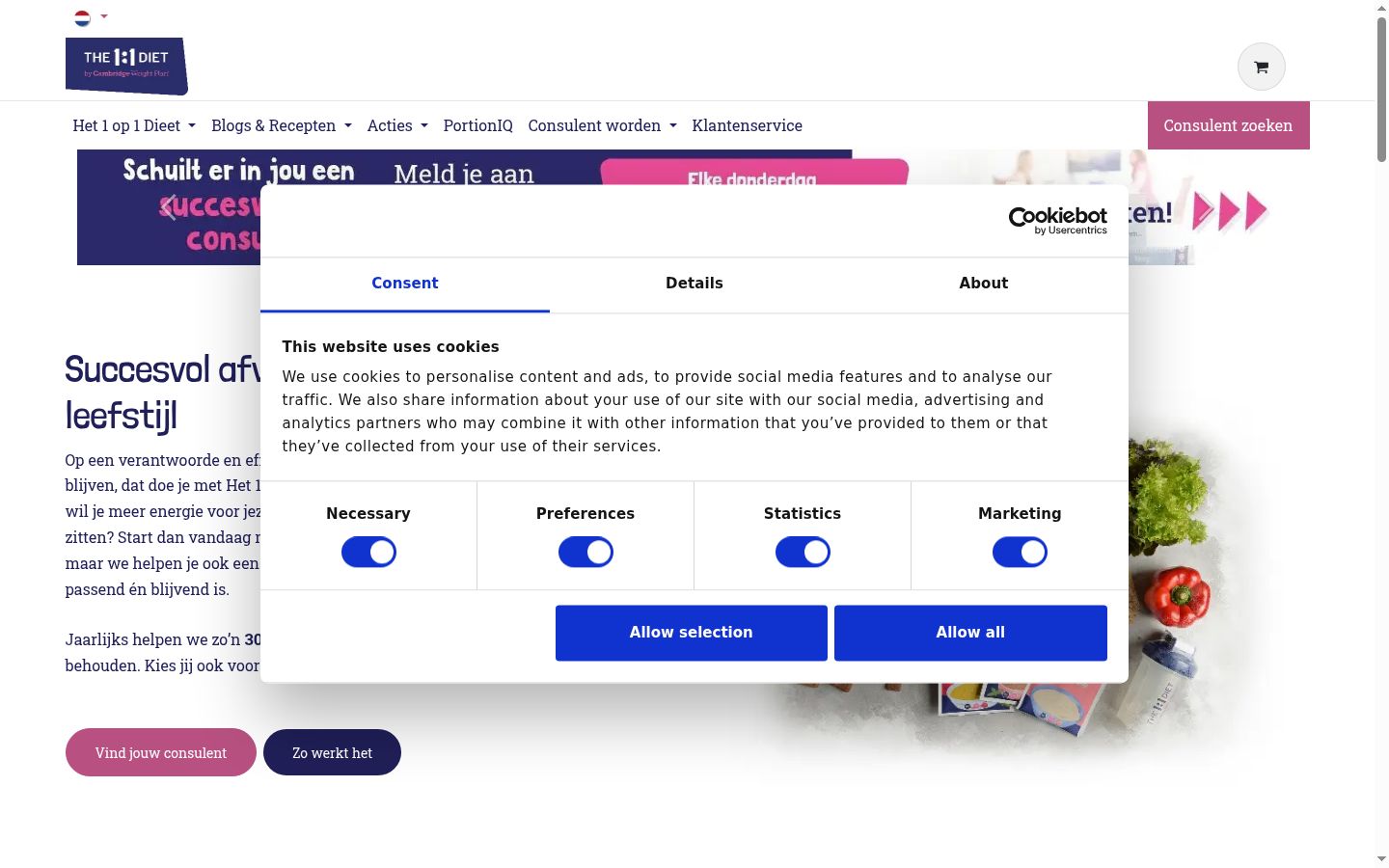 Screenshot del banner di consenso mostrato prima di qualsiasi interazione