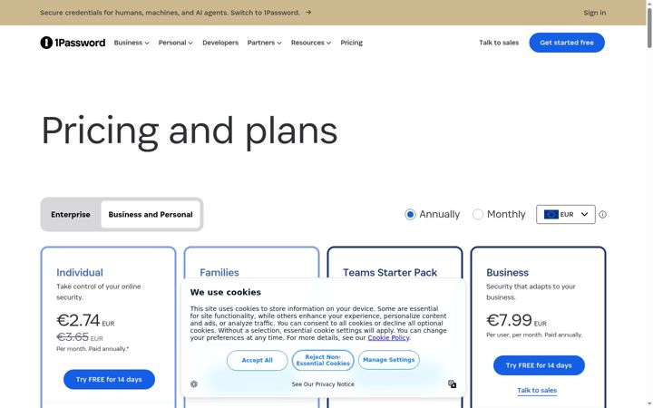 Kuvakaappaus sivustosta 1password.eu