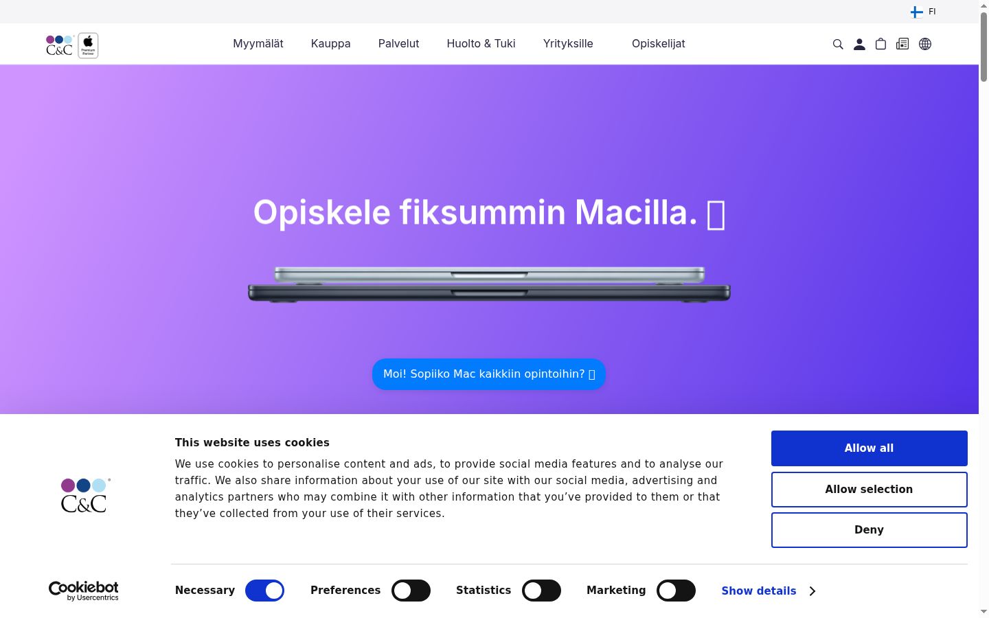 Skjermbilde av samtykkebanneret slik det vises før noen interaksjon