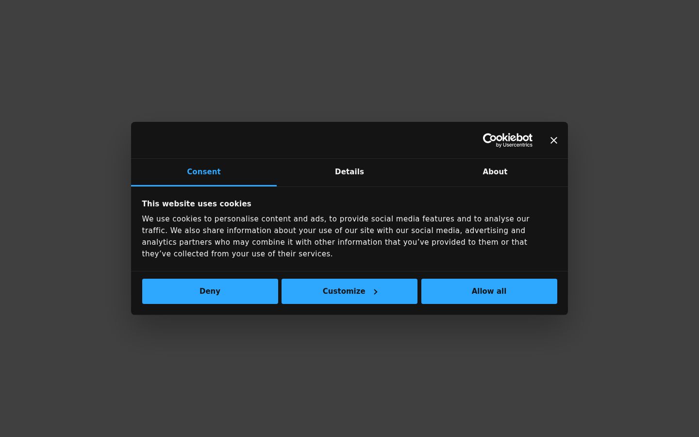 Captura de ecrã do banner de consentimento apresentado antes de qualquer interação