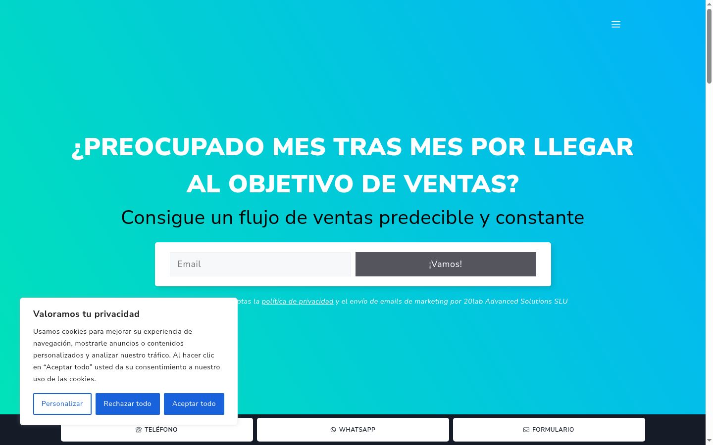 Captura de pantalla del banner de consentimiento mostrado antes de cualquier interacción