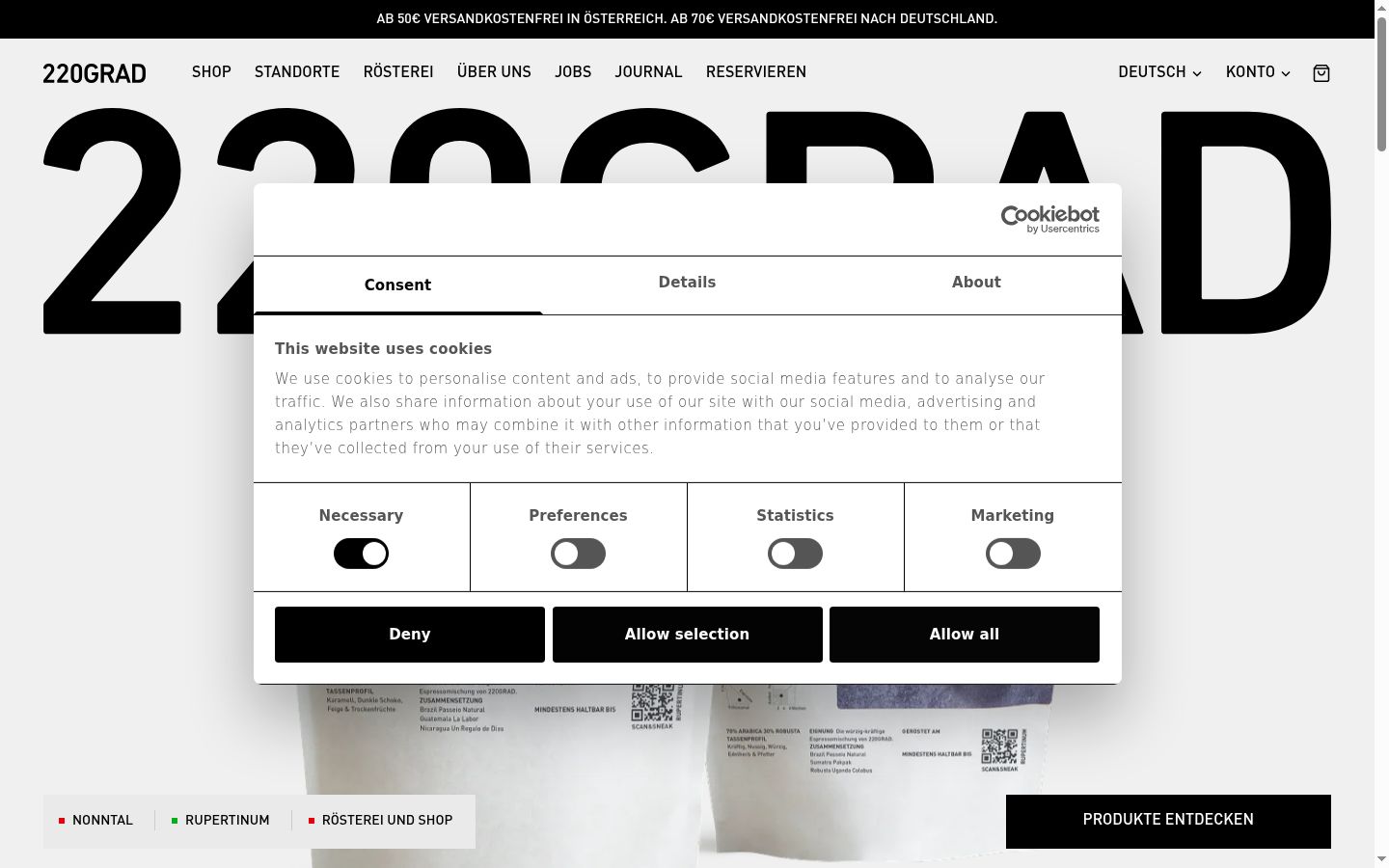 Screenshot del banner di consenso mostrato prima di qualsiasi interazione