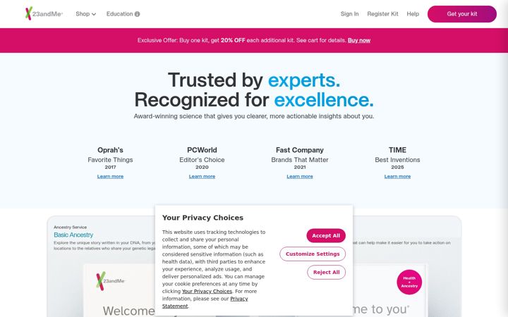 Screenshot of 23andme.com