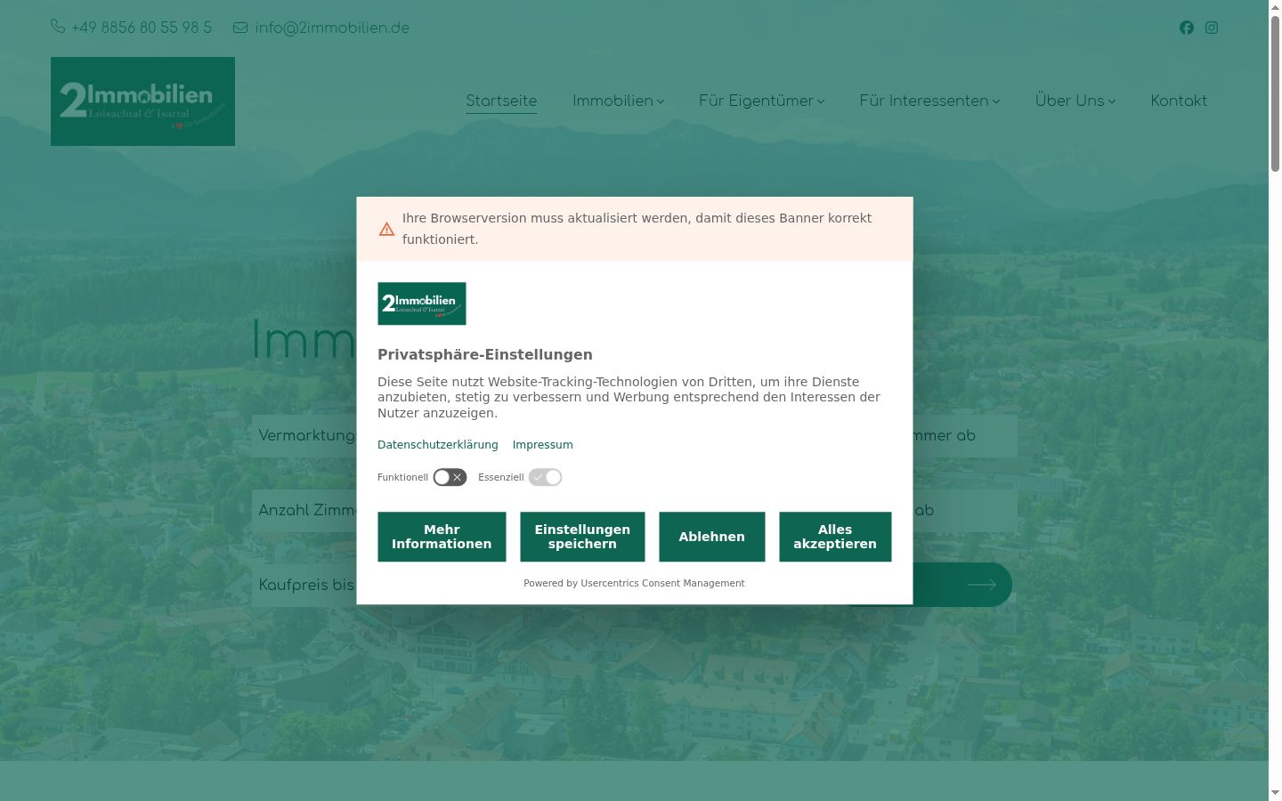 Captura de ecrã do banner de consentimento apresentado antes de qualquer interação