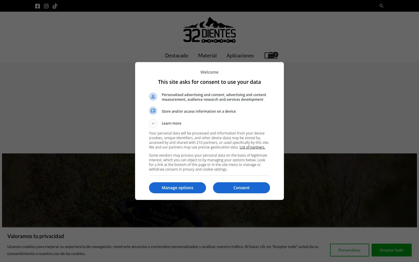 Screenshot del banner di consenso mostrato prima di qualsiasi interazione