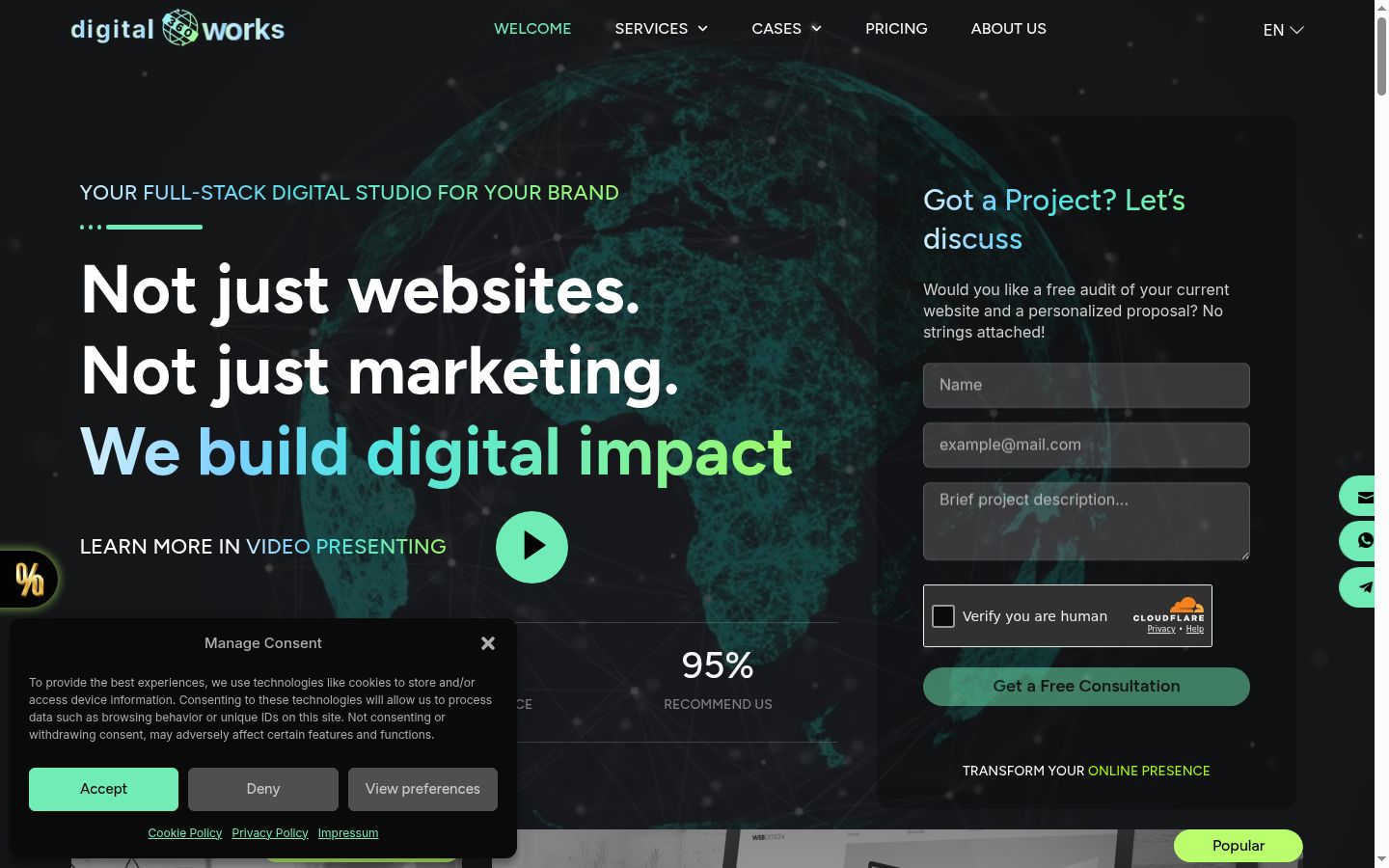 Captura de pantalla del banner de consentimiento mostrado antes de cualquier interacción