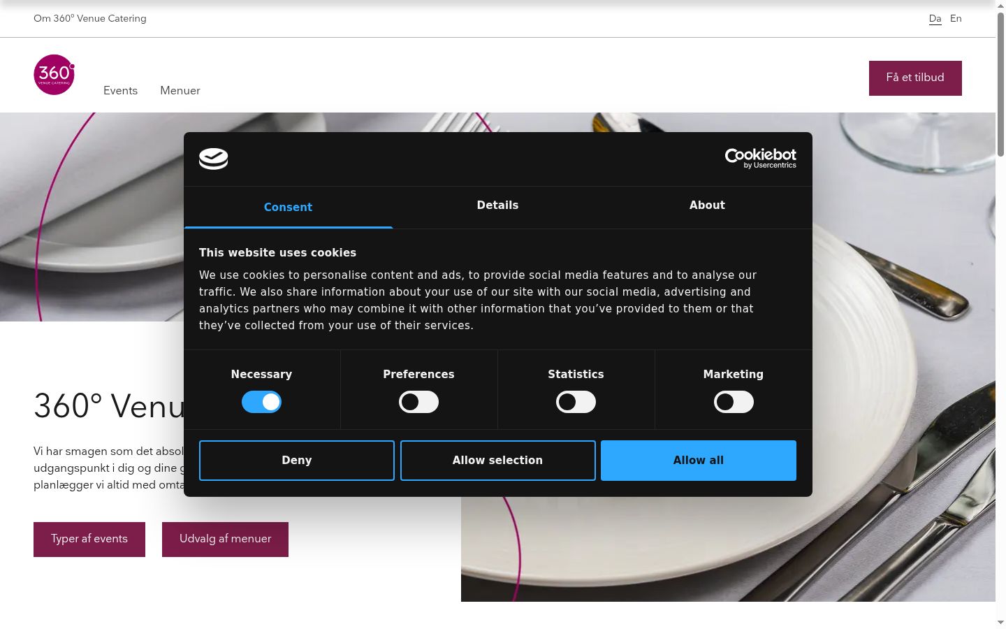 Screenshot del banner di consenso mostrato prima di qualsiasi interazione