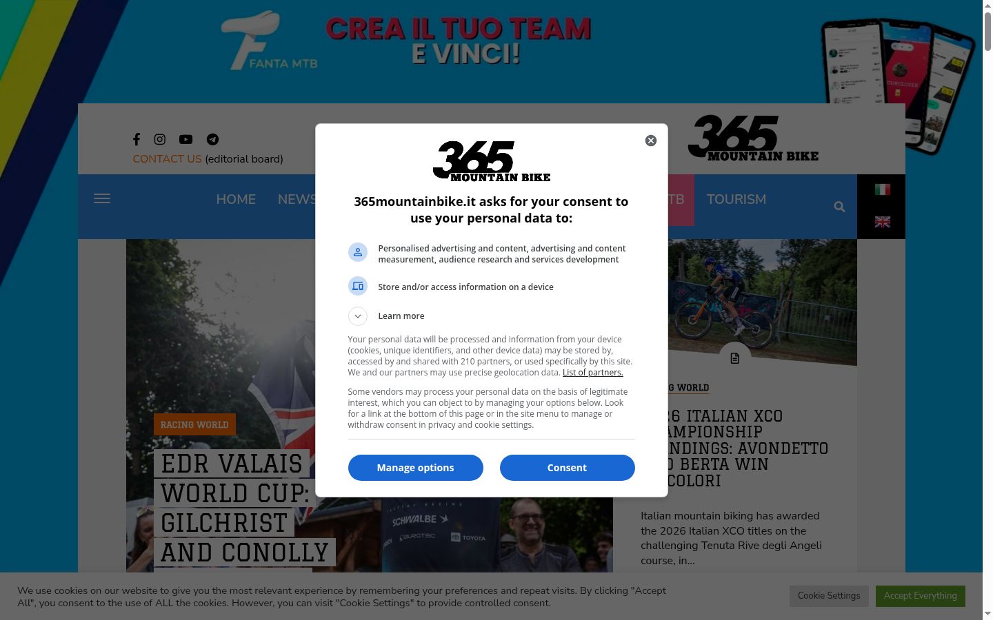 Skærmbillede af samtykkebanneret, som det blev vist før nogen interaktion
