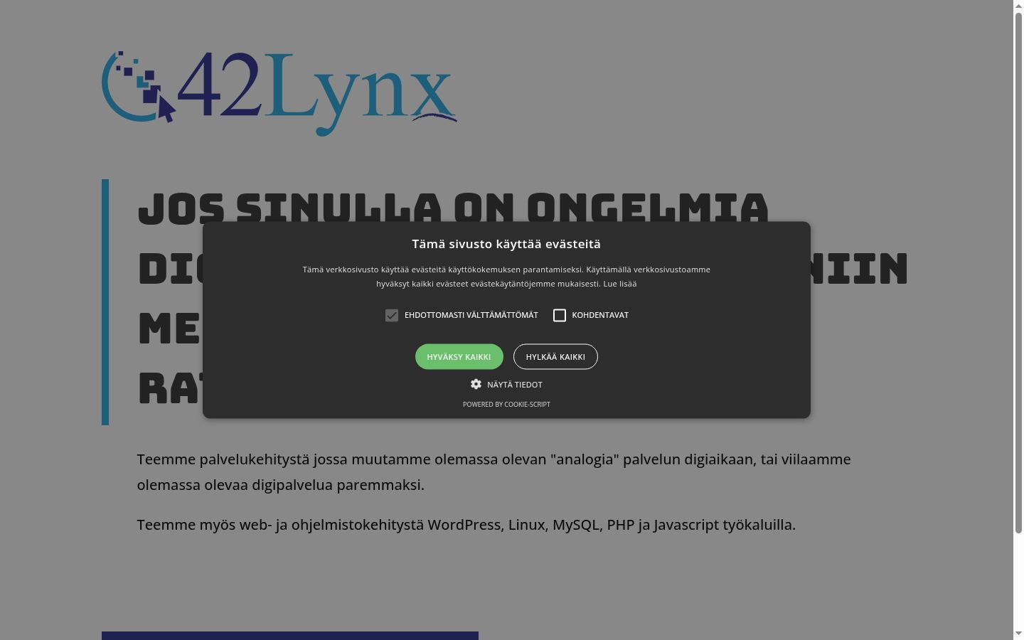 Kuvakaappaus suostumusbannerista, joka näytettiin ennen mitään vuorovaikutusta