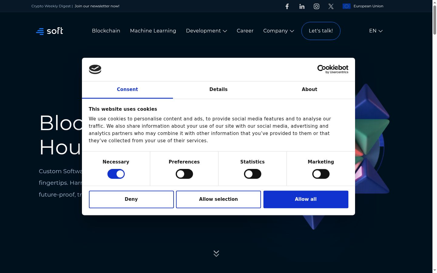 Screenshot del banner di consenso mostrato prima di qualsiasi interazione