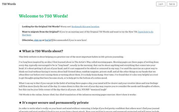Screenshot of 750words.com
