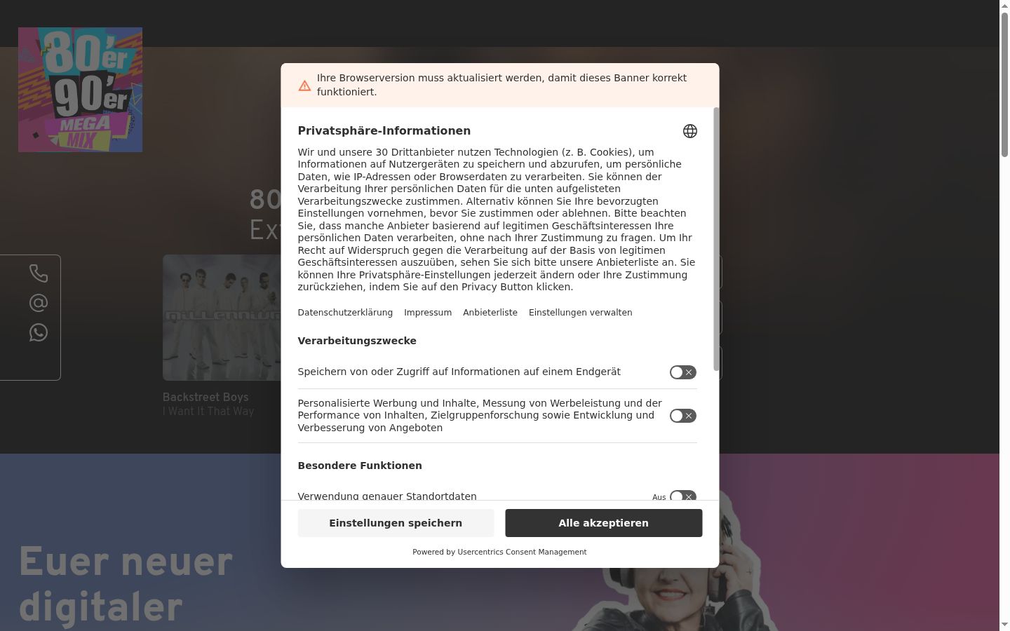 Ekrānuzņēmums ar piekrišanas baneri, kas tika rādīts pirms jebkādas mijiedarbības