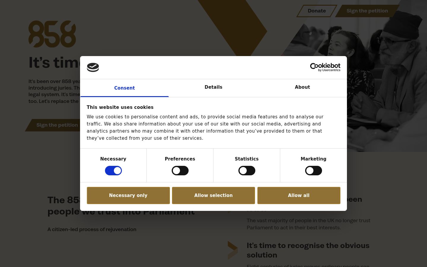 Screenshot del banner di consenso mostrato prima di qualsiasi interazione