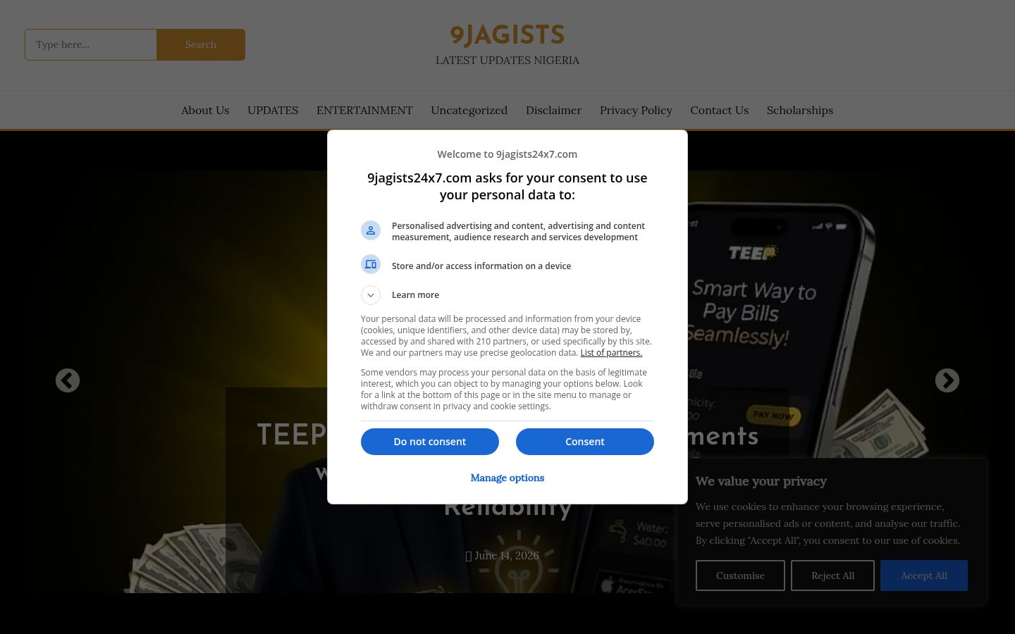 Screenshot del banner di consenso mostrato prima di qualsiasi interazione