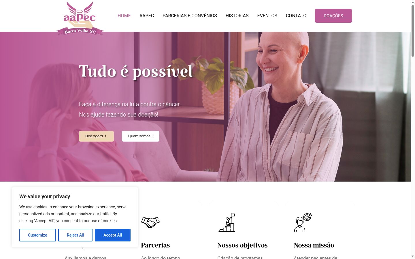 Captura de ecrã do banner de consentimento apresentado antes de qualquer interação