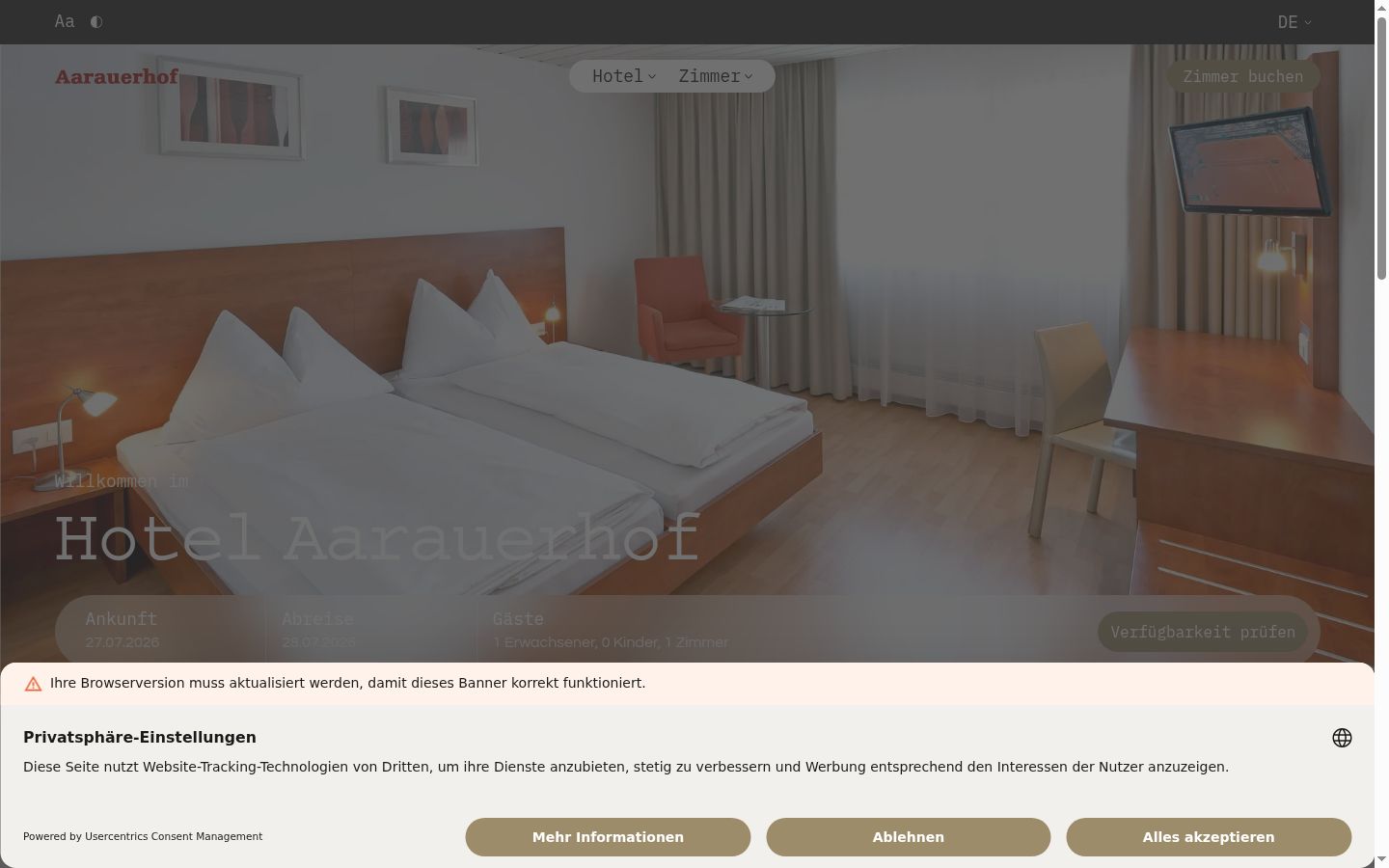 Screenshot des Einwilligungsbanners vor jeglicher Interaktion