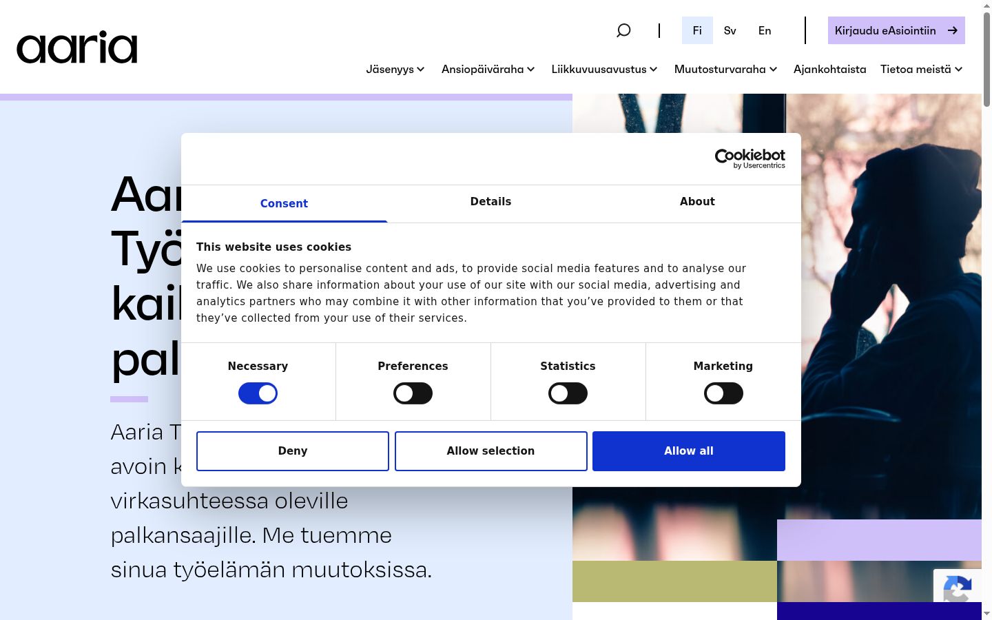 Ekrānuzņēmums ar piekrišanas baneri, kas tika rādīts pirms jebkādas mijiedarbības