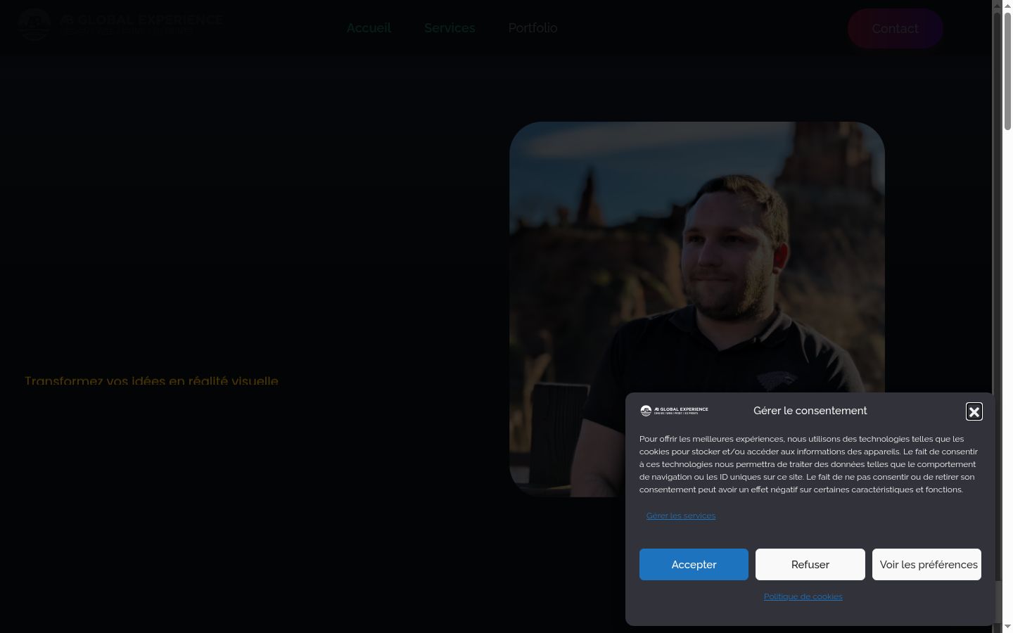 Capture d'écran de la bannière de consentement affichée avant toute interaction