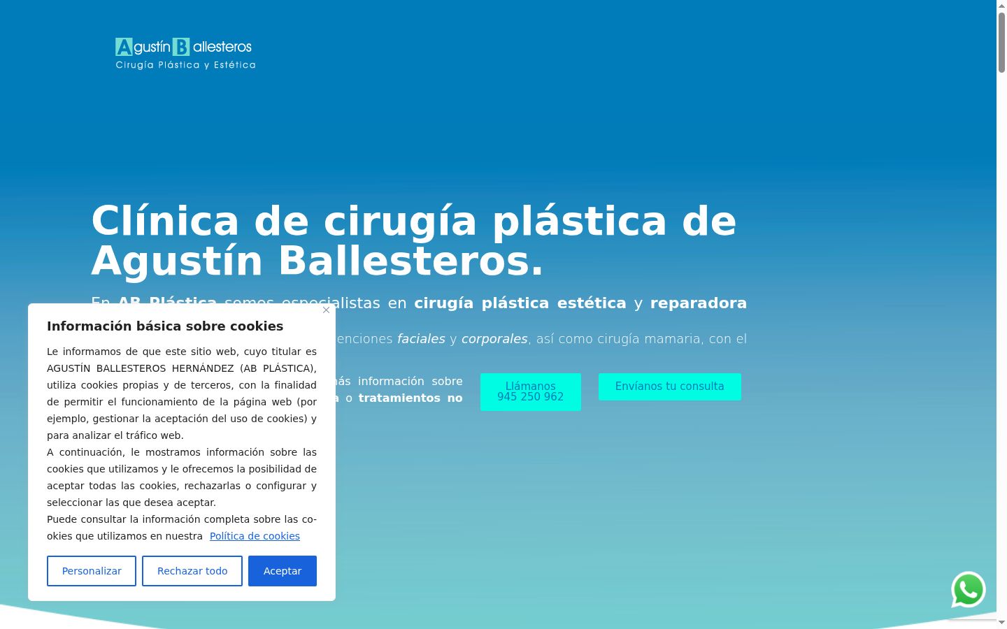 Captura de pantalla del banner de consentimiento mostrado antes de cualquier interacción