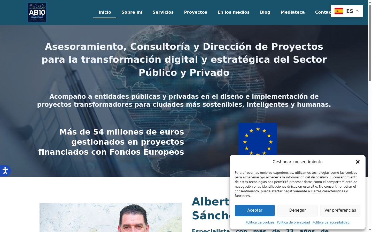 Captura de pantalla del banner de consentimiento mostrado antes de cualquier interacción