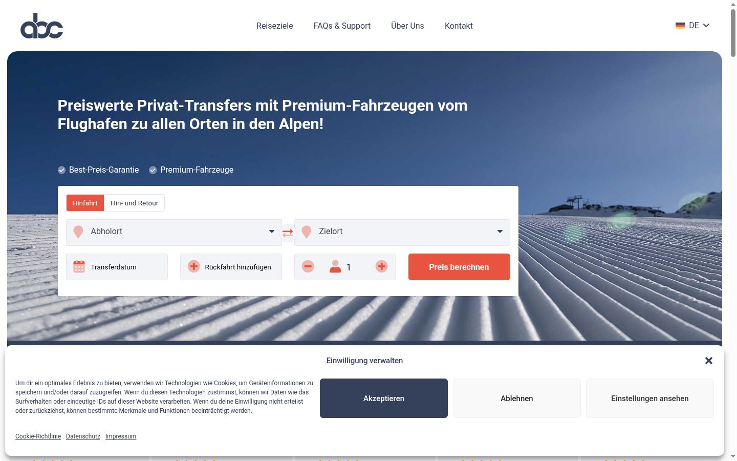 Screenshot des Einwilligungsbanners vor jeglicher Interaktion