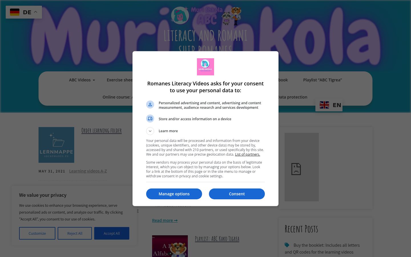 Screenshot des Einwilligungsbanners vor jeglicher Interaktion
