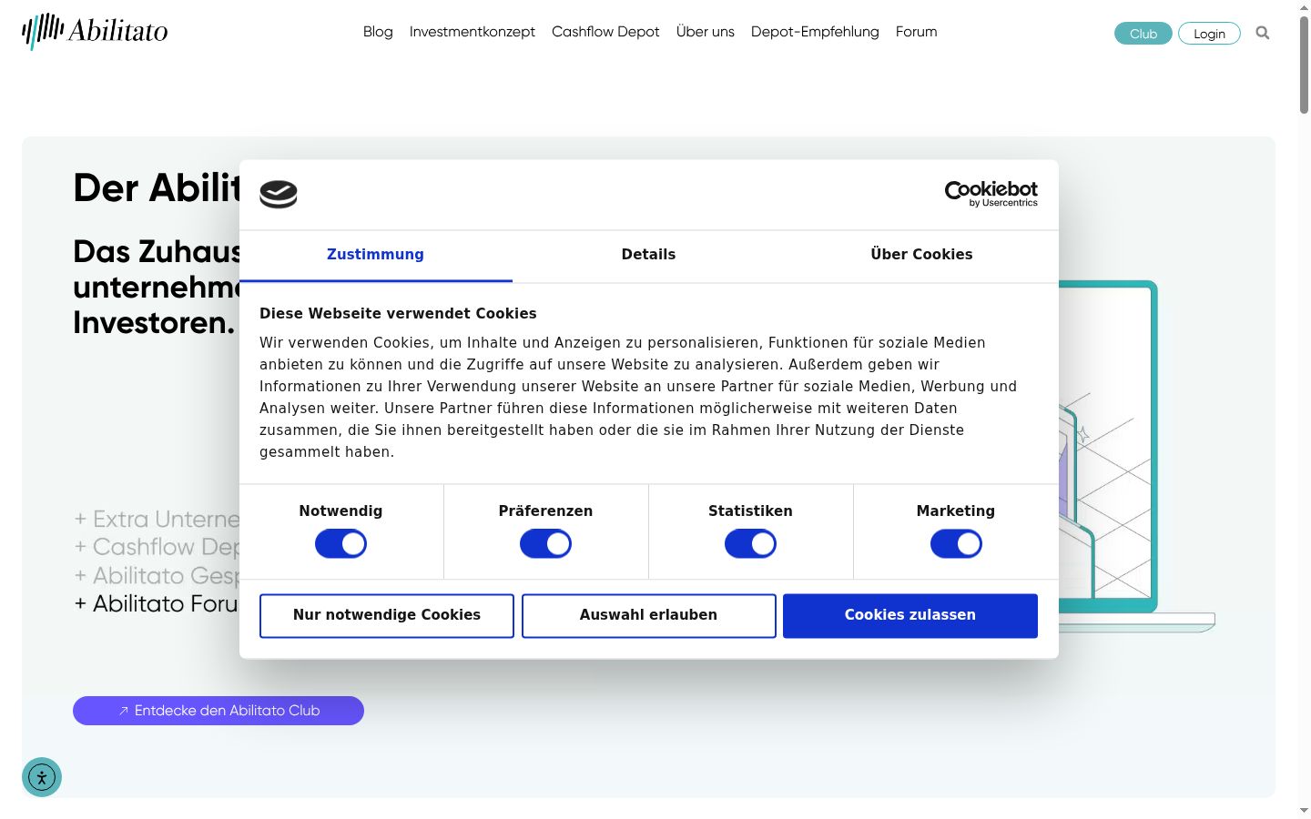 Screenshot des Einwilligungsbanners vor jeglicher Interaktion