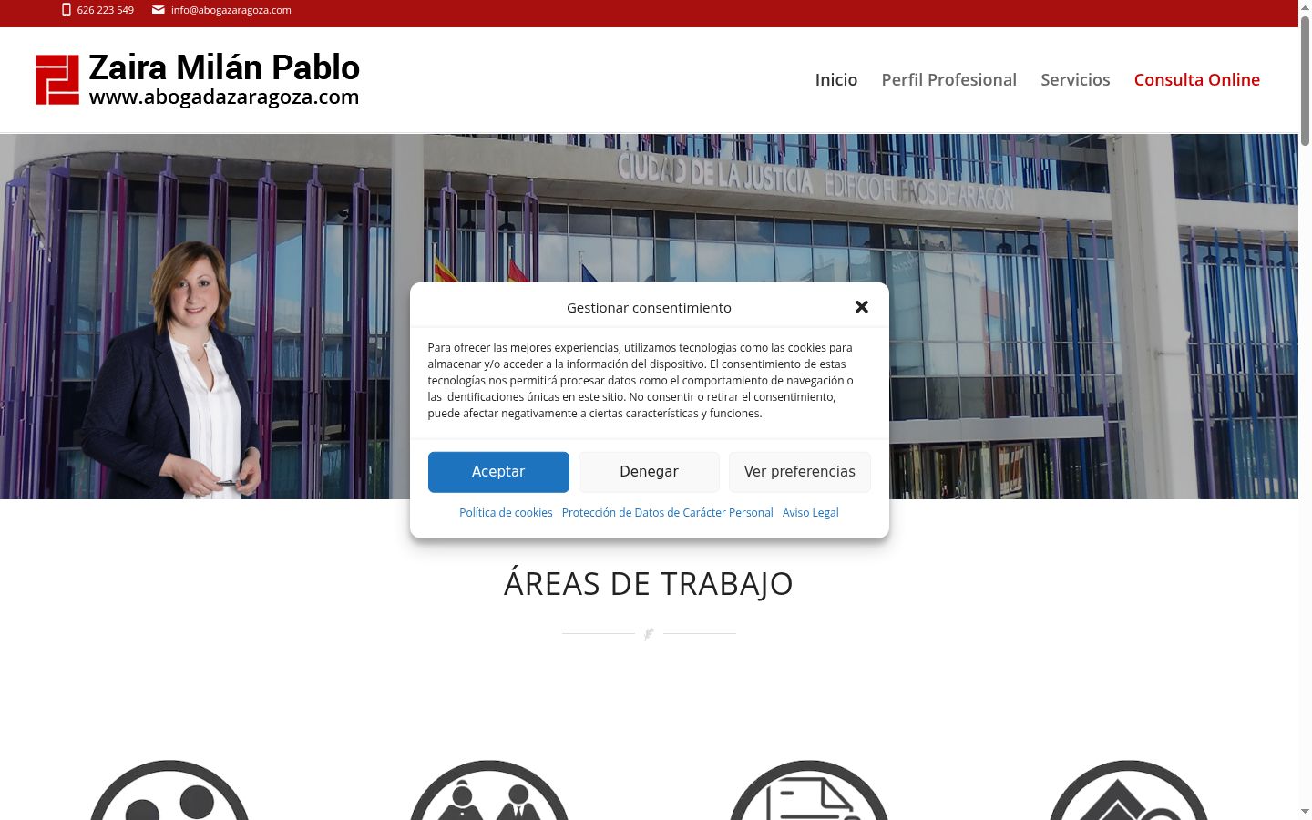 Captura de pantalla del banner de consentimiento mostrado antes de cualquier interacción