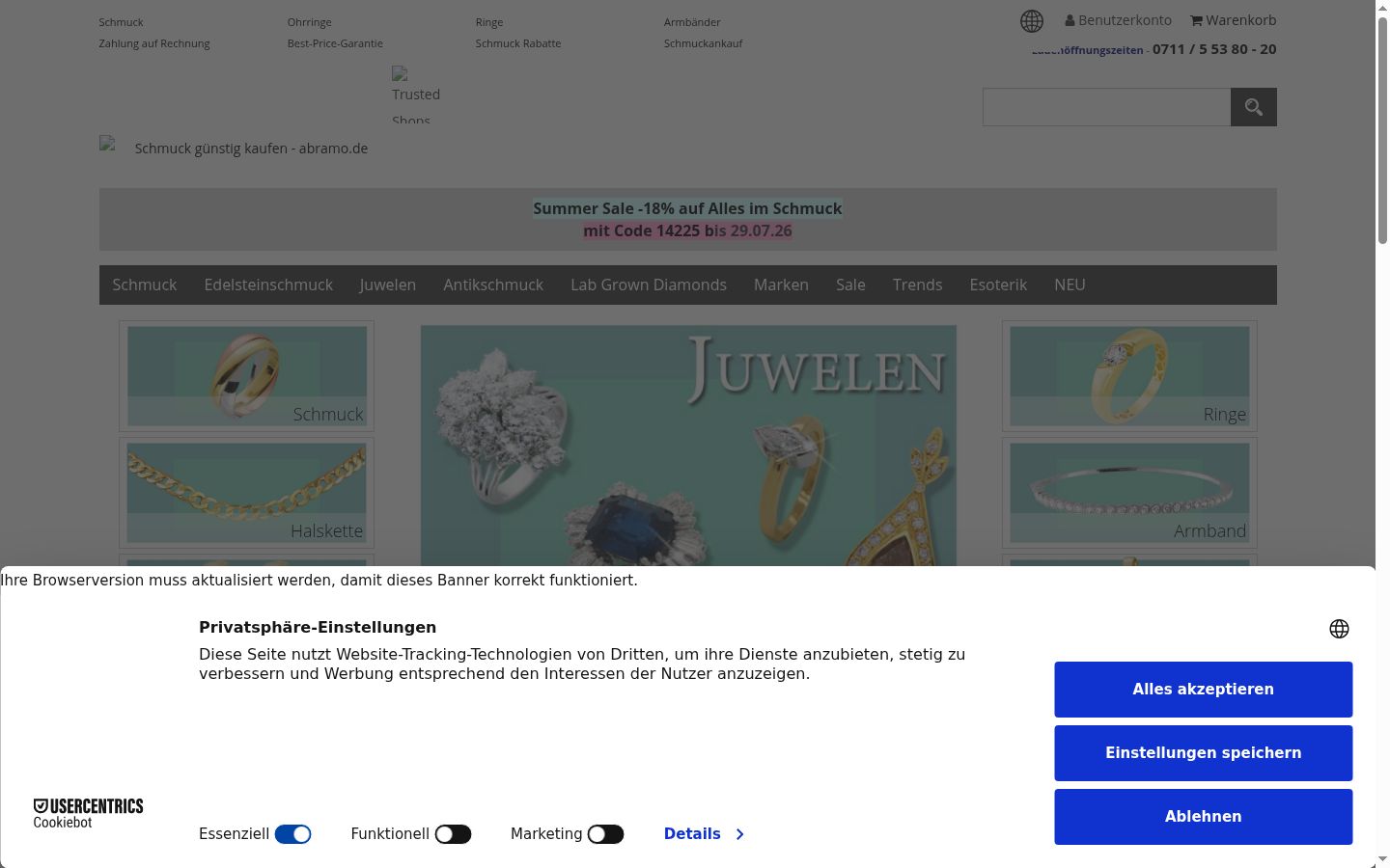 Screenshot des Einwilligungsbanners vor jeglicher Interaktion