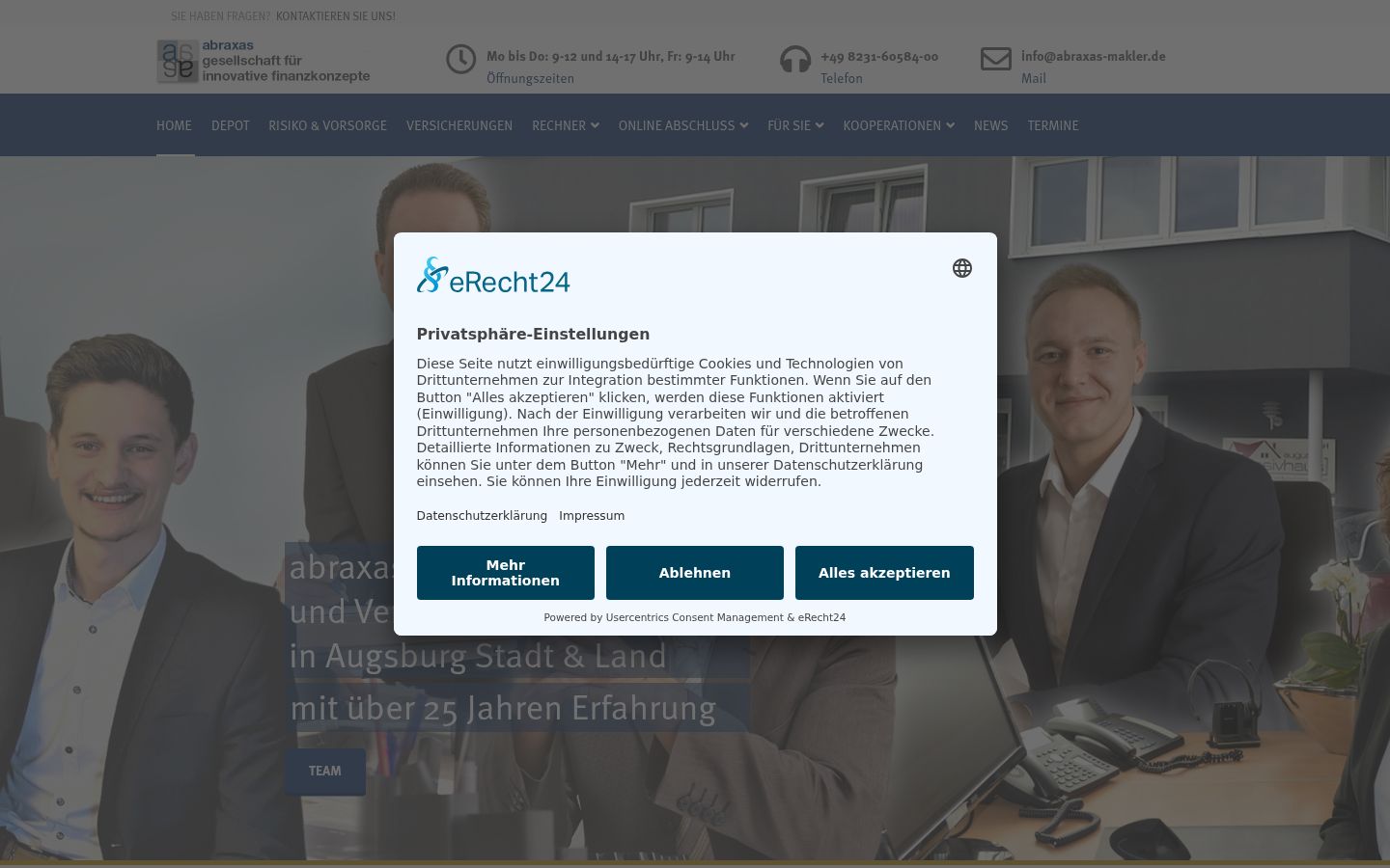 Screenshot des Einwilligungsbanners vor jeglicher Interaktion