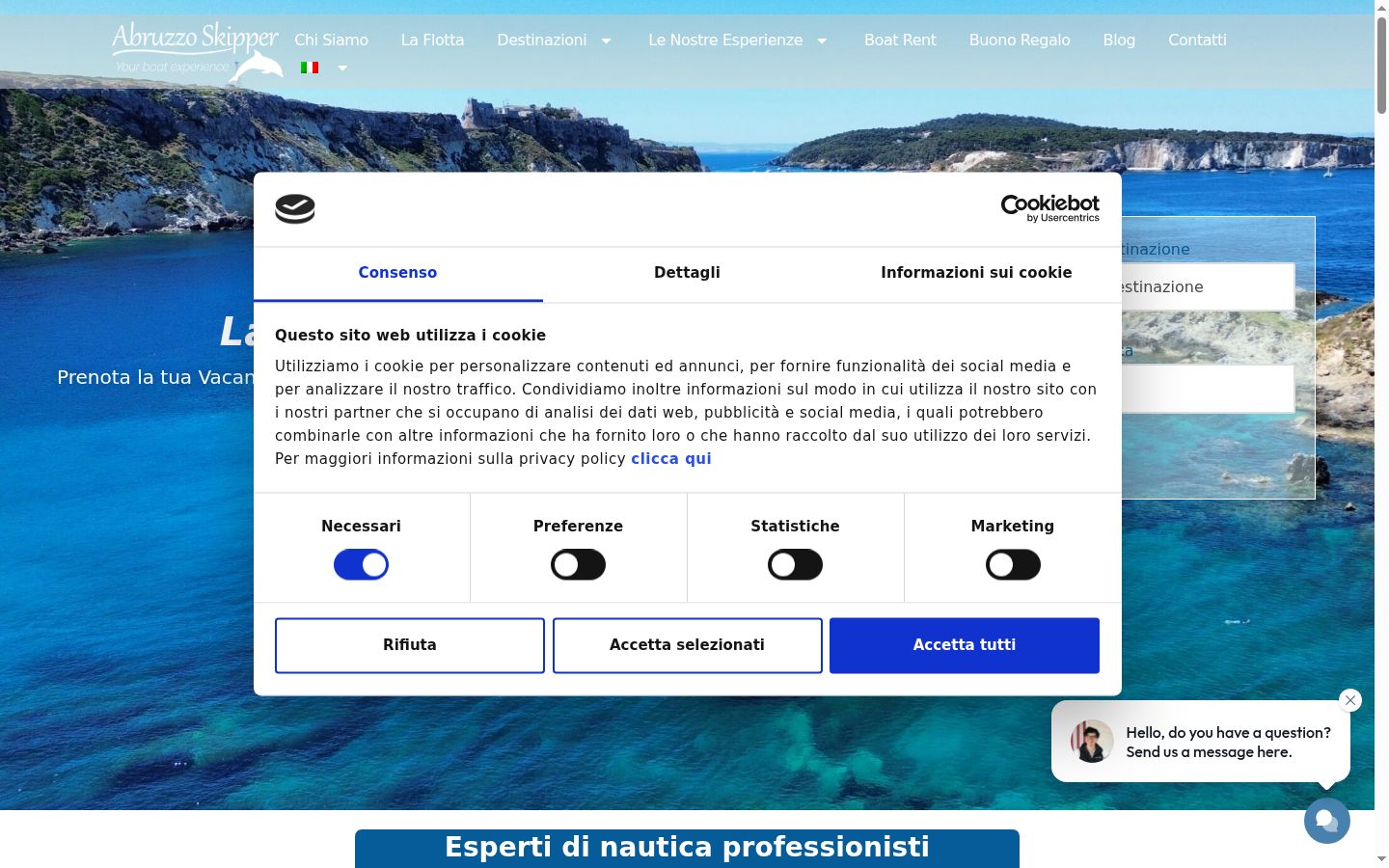 Screenshot del banner di consenso mostrato prima di qualsiasi interazione