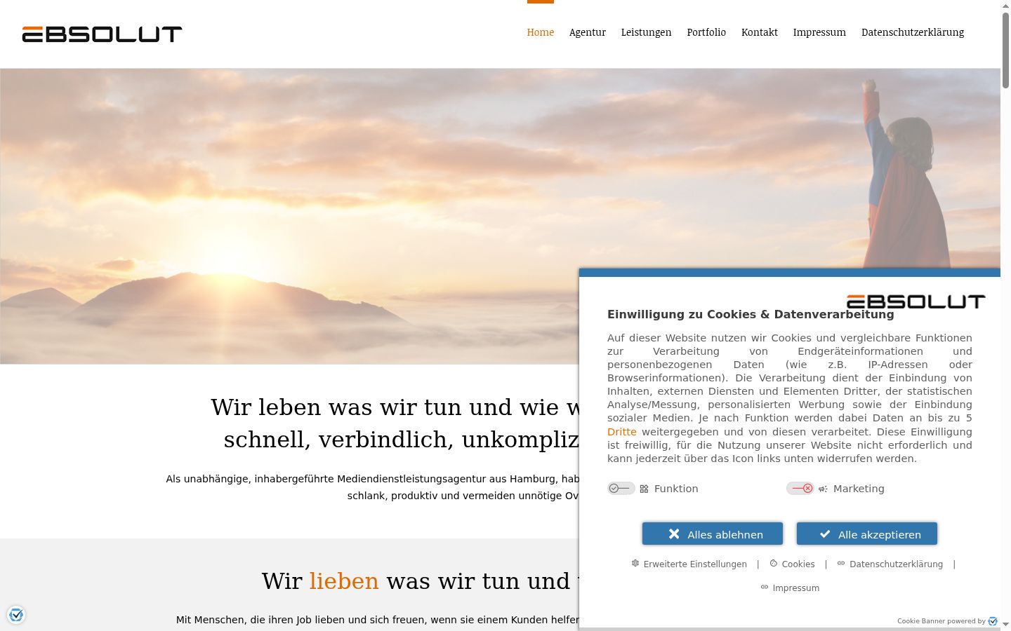 Screenshot des Einwilligungsbanners vor jeglicher Interaktion