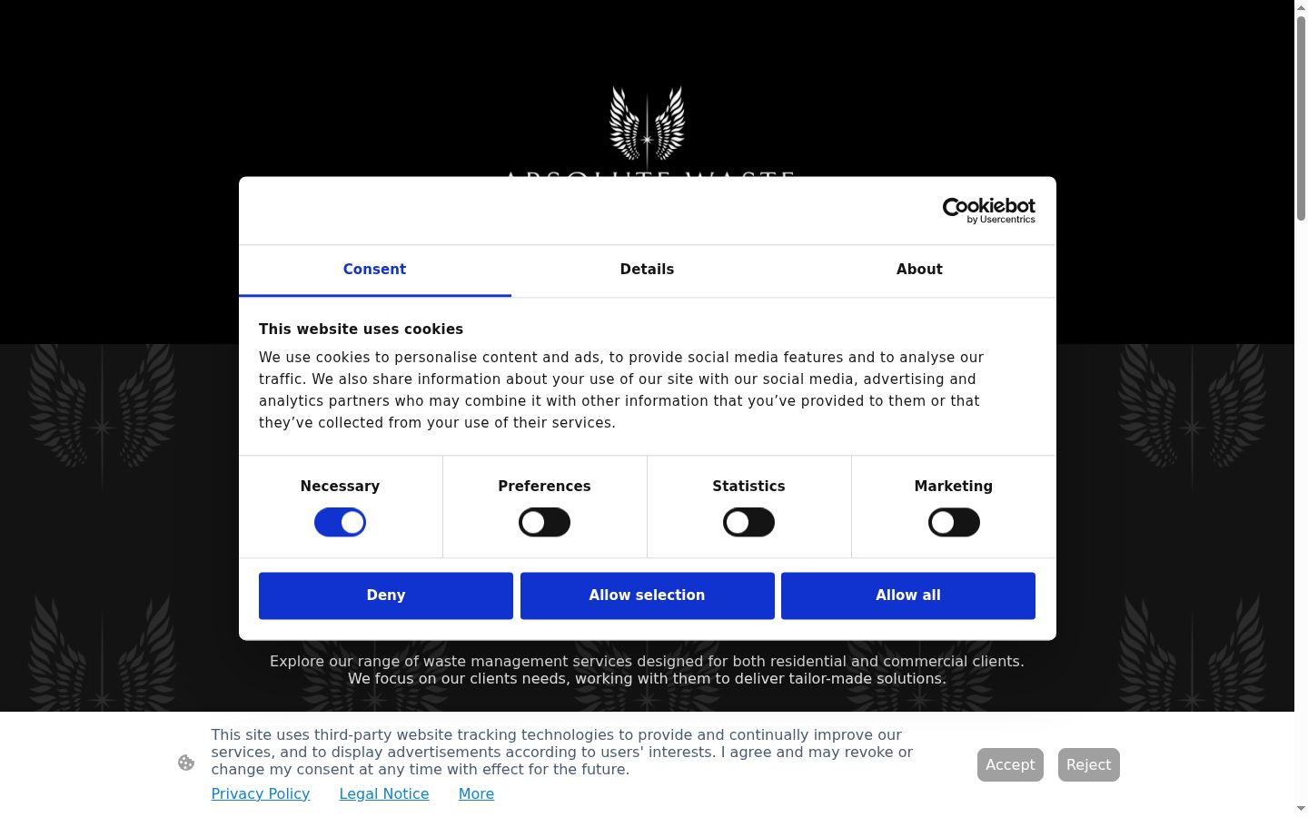 Screenshot del banner di consenso mostrato prima di qualsiasi interazione