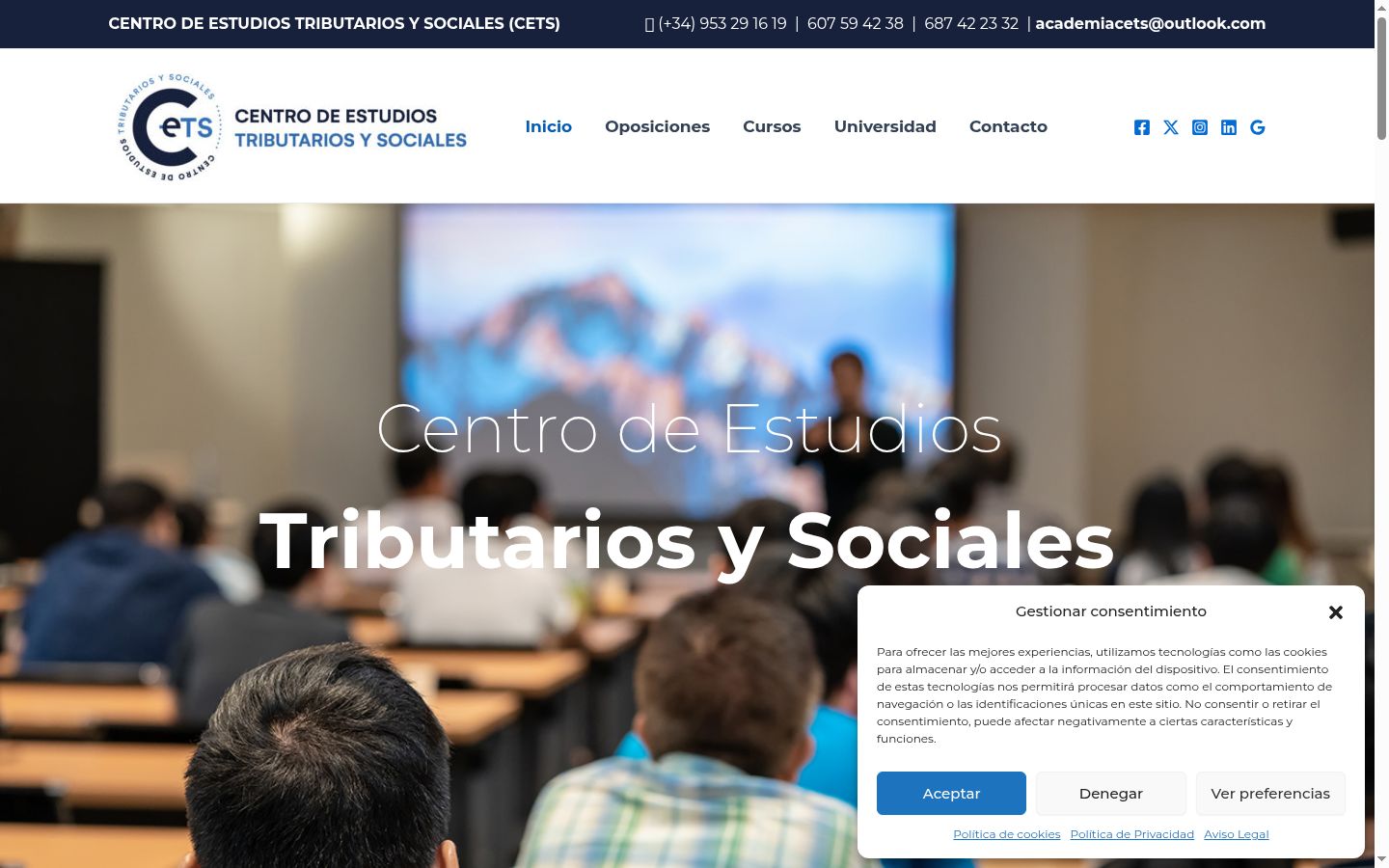 Captura de pantalla del banner de consentimiento mostrado antes de cualquier interacción