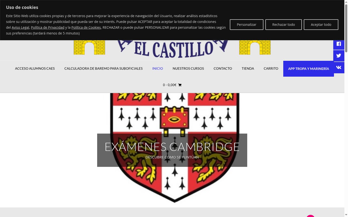 Captura de pantalla del banner de consentimiento mostrado antes de cualquier interacción