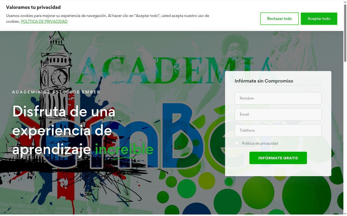 Captura de pantalla del banner de consentimiento mostrado antes de cualquier interacción