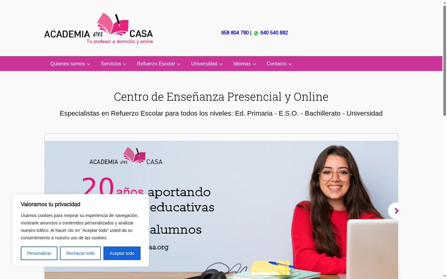 Captura de pantalla del banner de consentimiento mostrado antes de cualquier interacción