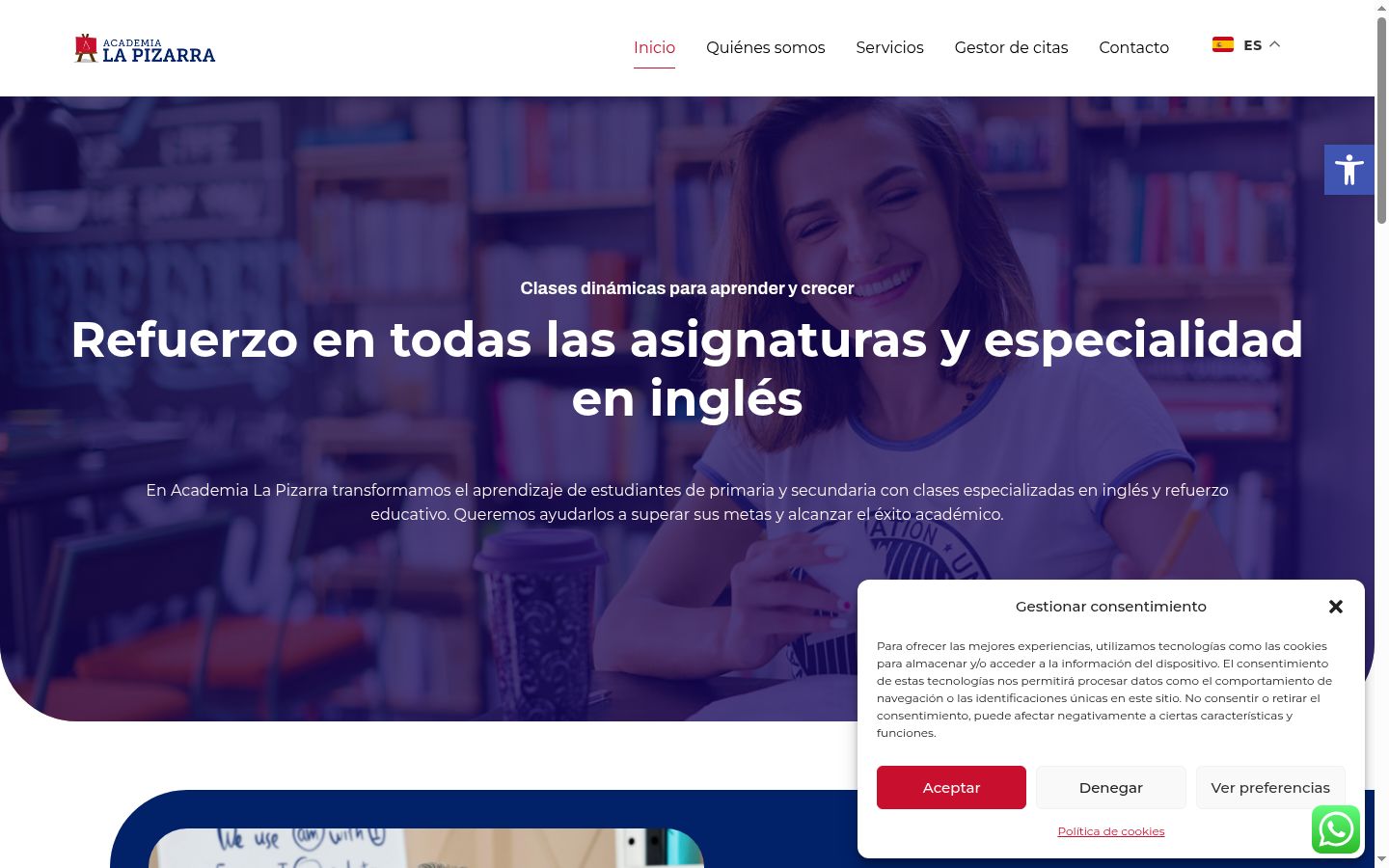 Captura de pantalla del banner de consentimiento mostrado antes de cualquier interacción