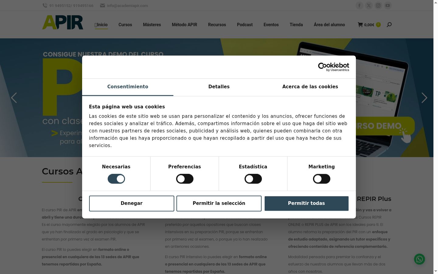 Captura de pantalla del banner de consentimiento mostrado antes de cualquier interacción