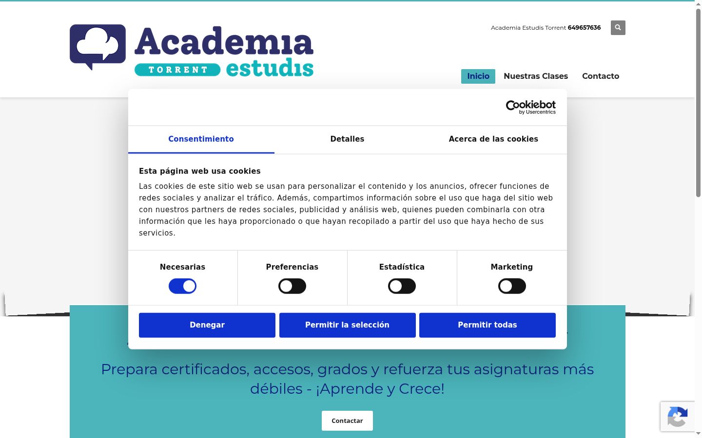 Captura de pantalla del banner de consentimiento mostrado antes de cualquier interacción