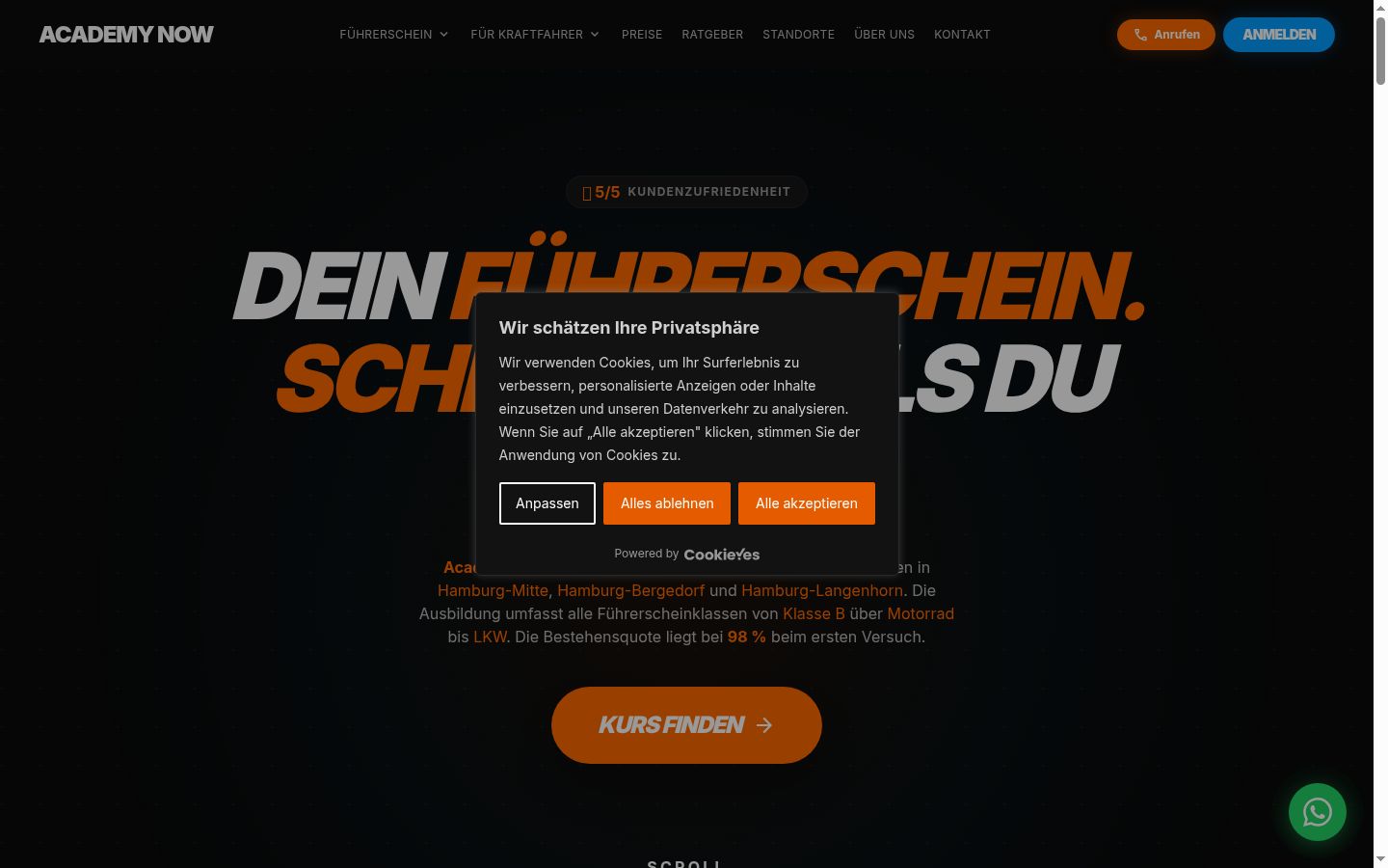 Screenshot des Einwilligungsbanners vor jeglicher Interaktion