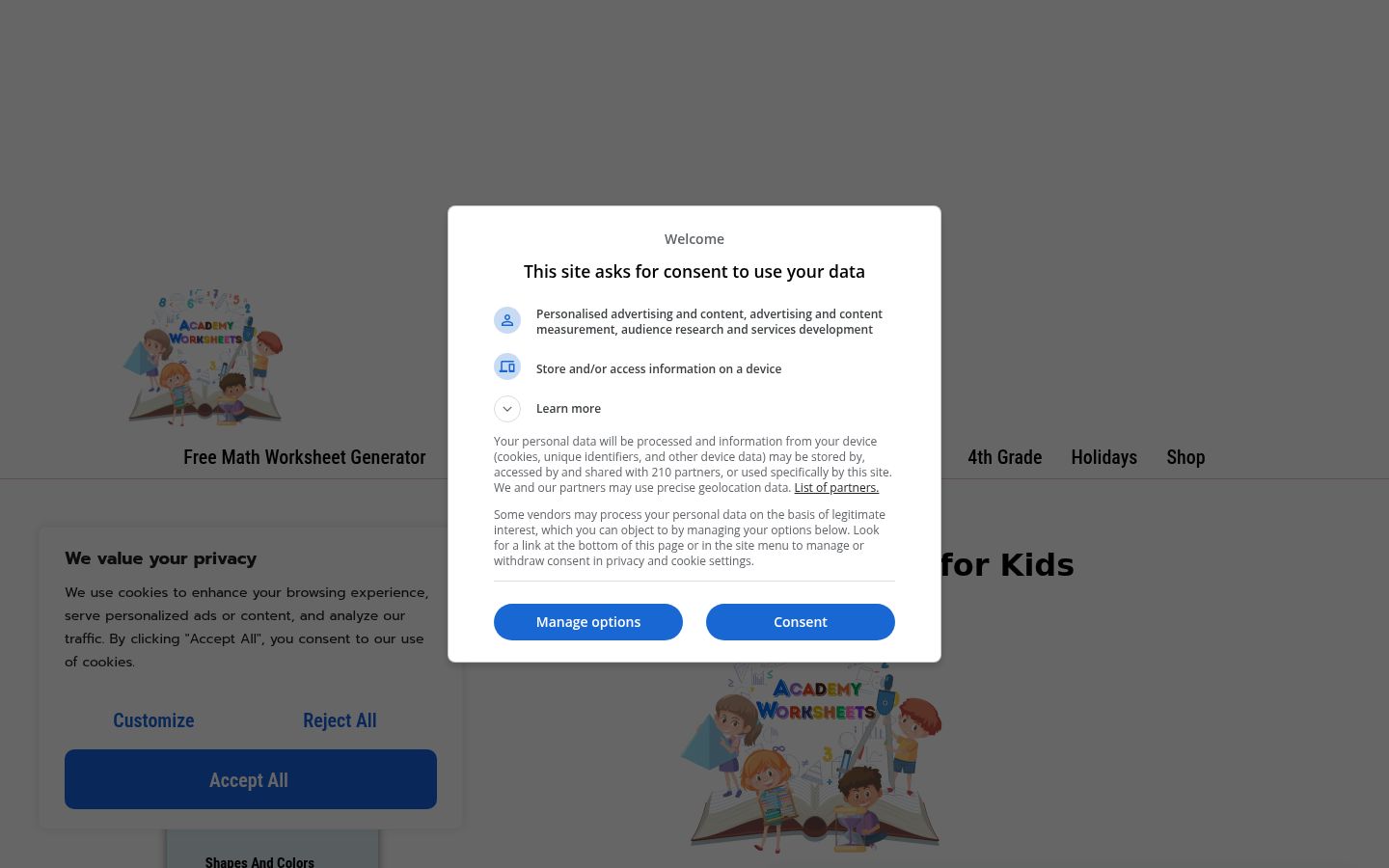 Screenshot del banner di consenso mostrato prima di qualsiasi interazione