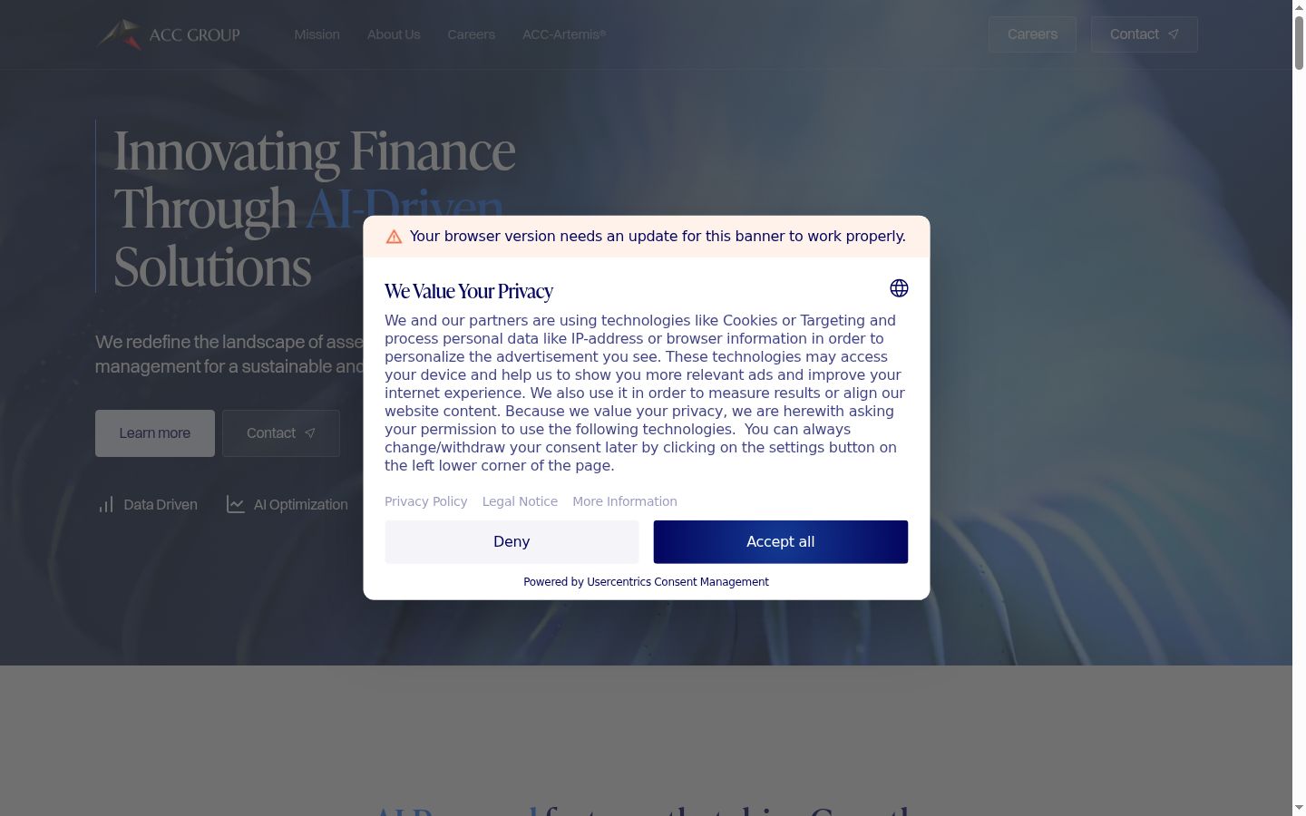 Screenshot del banner di consenso mostrato prima di qualsiasi interazione